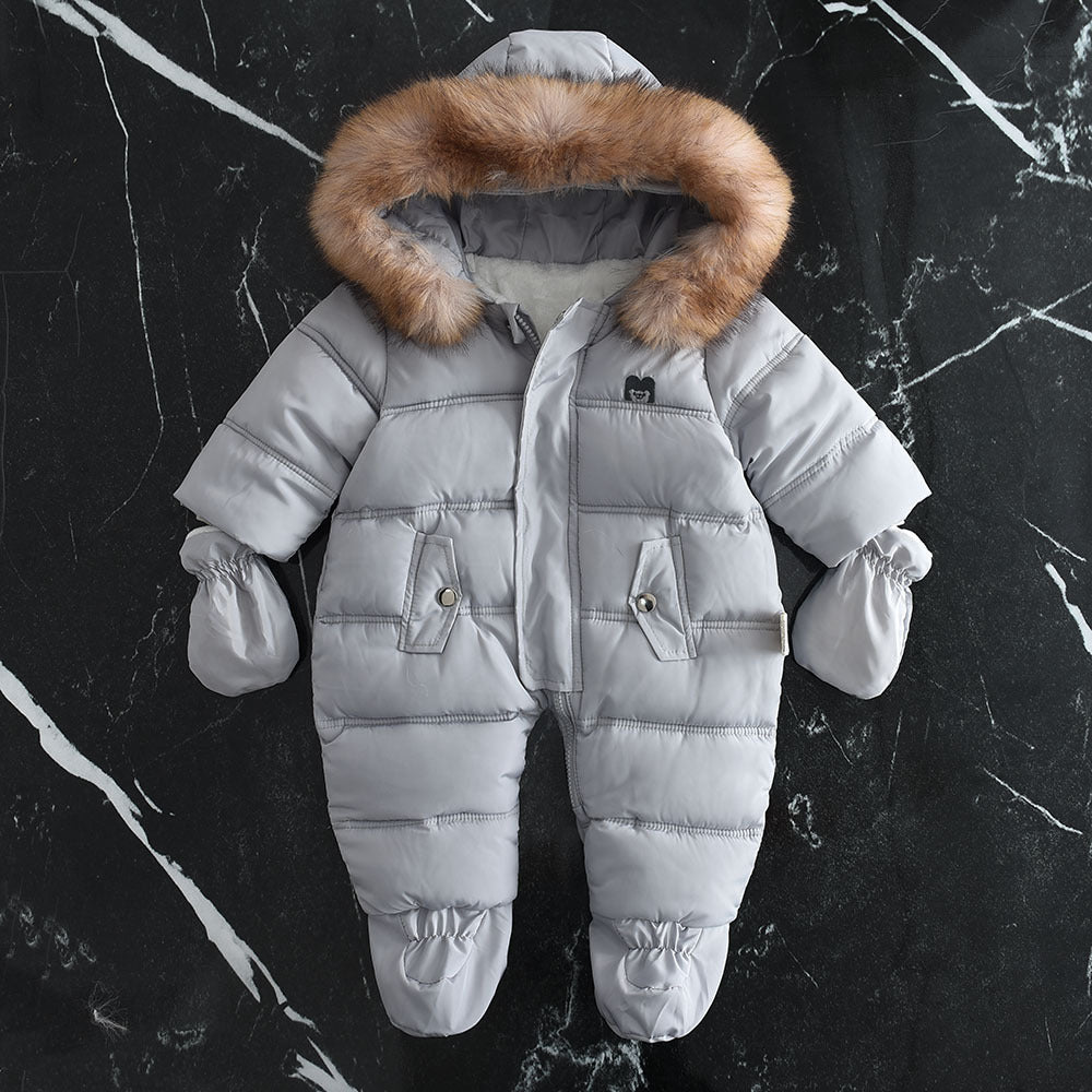 Fleece-lined Thick Large Fur Hooded Baby Jumpsuit by Baby Joy