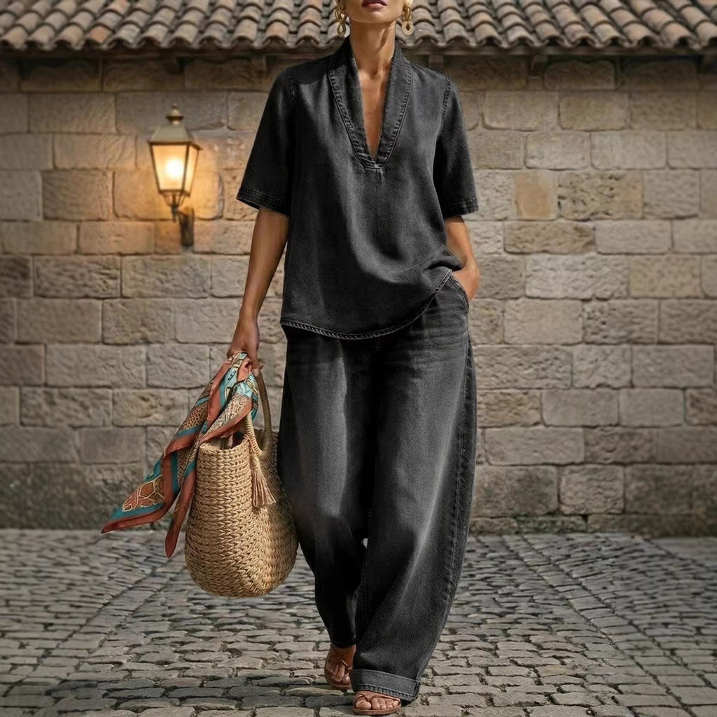 Retro V-Neck Washed Denim Top & Wide-Leg Pants Set – 3 Colors, S–3XL by FitiqueFit