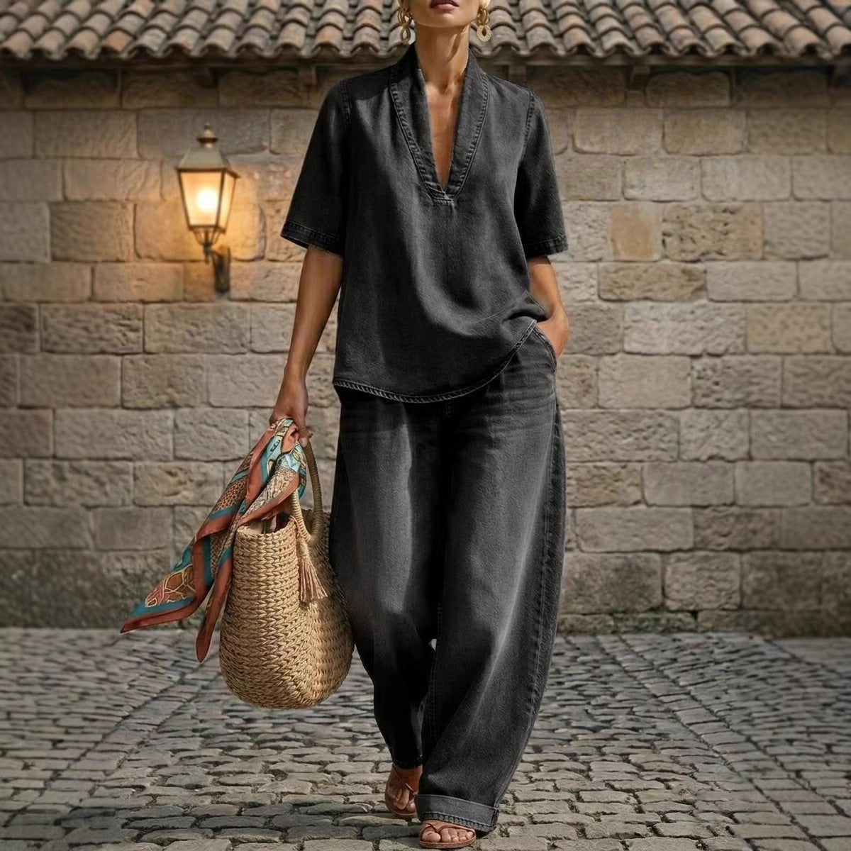 Retro V-Neck Washed Denim Top & Wide-Leg Pants Set – 3 Colors, S–3XL by FitiqueFit