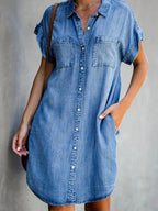 Denim Midi Dress – Short Sleeve Square Neck Slim Fit Street Style by FitiqueFit