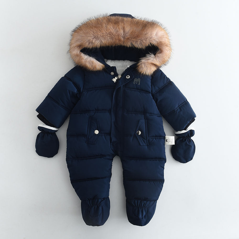 Fleece-lined Thick Large Fur Hooded Baby Jumpsuit by Baby Joy