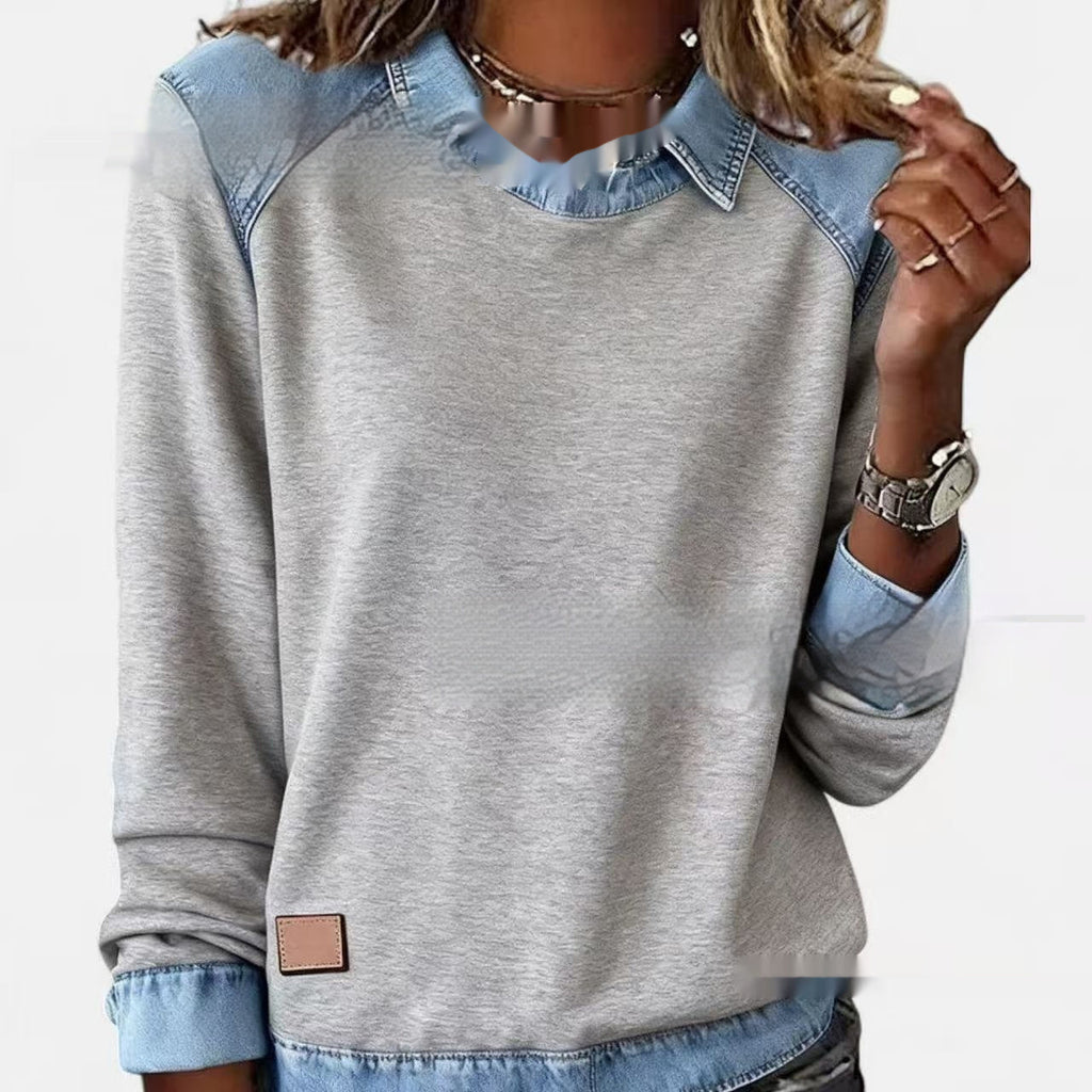 Denim Collar Patchwork Pullover Knitwear Top – Women’s Street Style by FitiqueFit