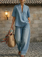 Retro V-Neck Washed Denim Top & Wide-Leg Pants Set – 3 Colors, S–3XL by FitiqueFit