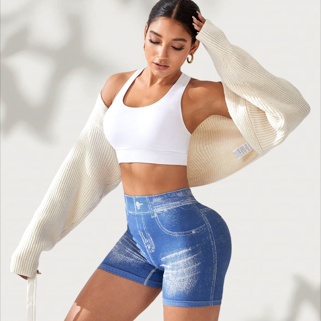 Seamless Denim-Look Yoga Shorts – Back V-Waist Hip-Lifting by FitiqueFit