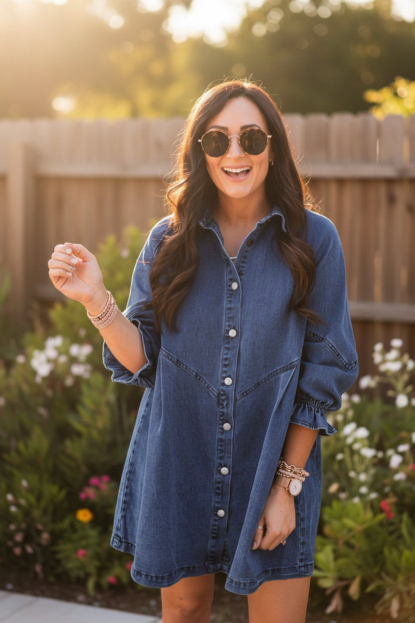 Women's Three-Quarter Sleeve Denim Dress – Ruffle Detail Mid-Length by FitiqueFit