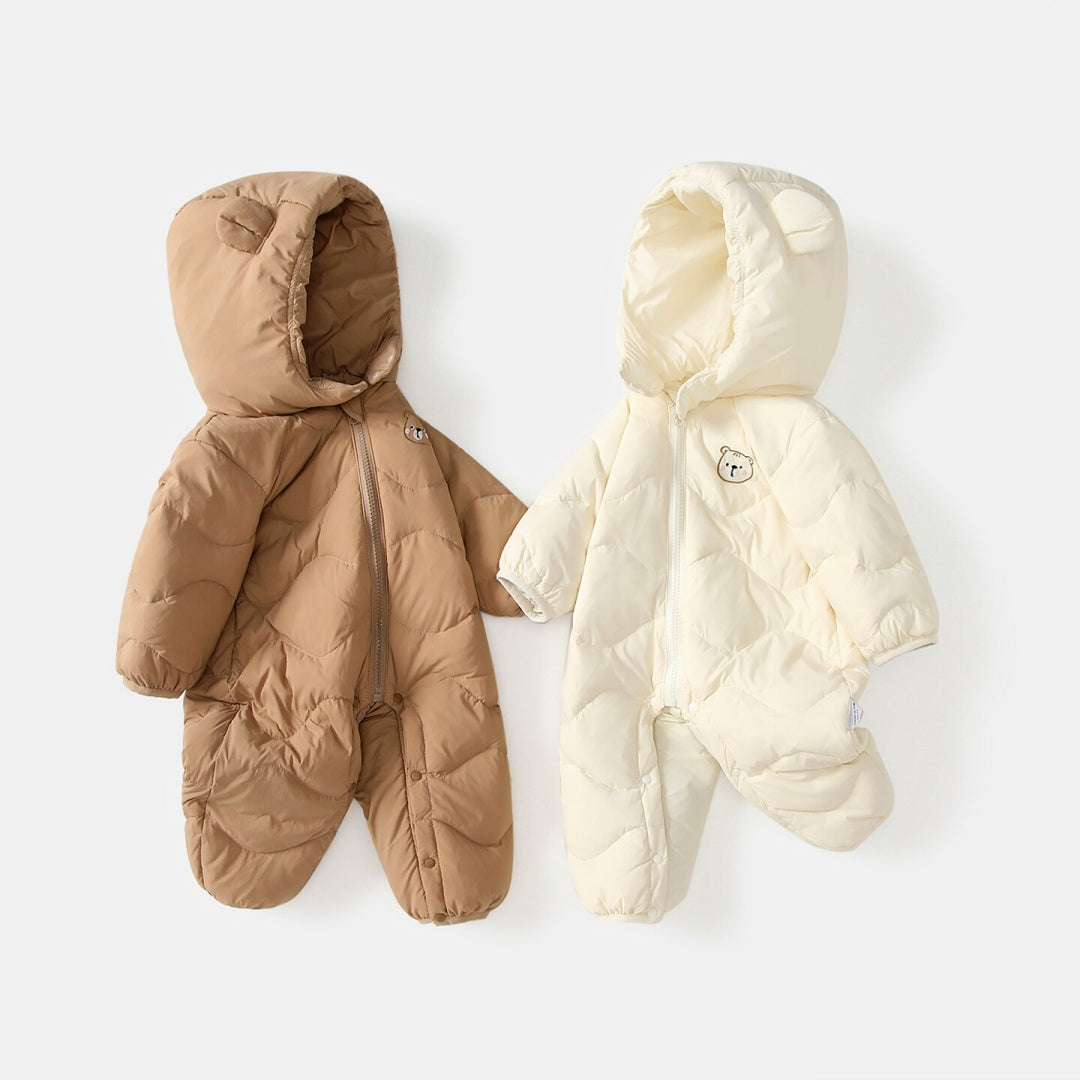 Baby Solid Color Cartoon Print Hooded Down Jumpsuit by Baby Joy