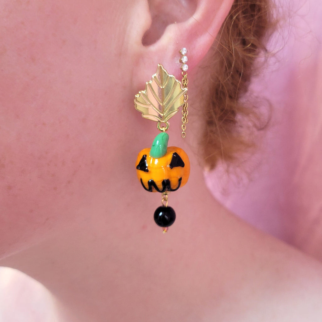 Glass Beaded Jack-O-Lantern Pumpkin Earrings by Sunshine Studio