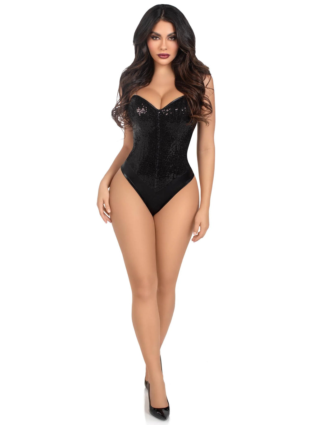 2 Piece Sequin Boned Snap Crotch Bodysuit With Detachable Clear Straps by worldclasscostumes