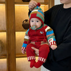 Knitted Contrasting-Color Red Sweater Pants And Hat New Year Three-Piece Set by Baby Joy