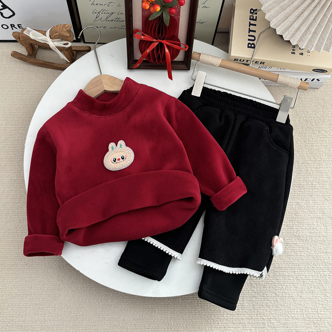 Sweatshirt Set Winter Fleece-Lined Thickened One-Piece Fleece Baby Korean-Style Fake Two-Piece Pants Set by Baby Joy