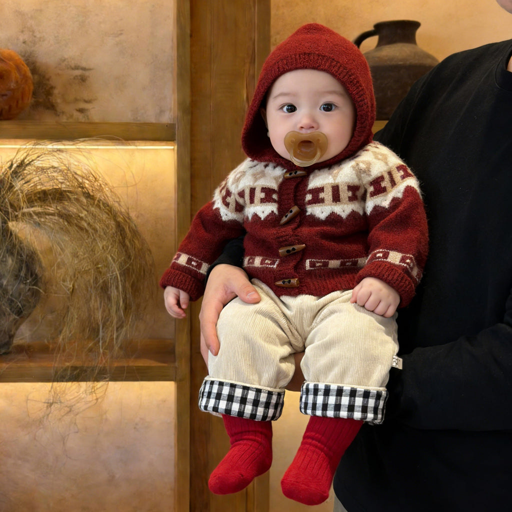 Retro Red Thickened Hooded Knitted Cardigan by Baby Joy