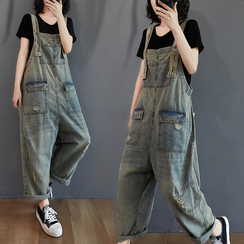Women's Summer Retro Nostalgic Ripped Denim Overalls by FitiqueFit