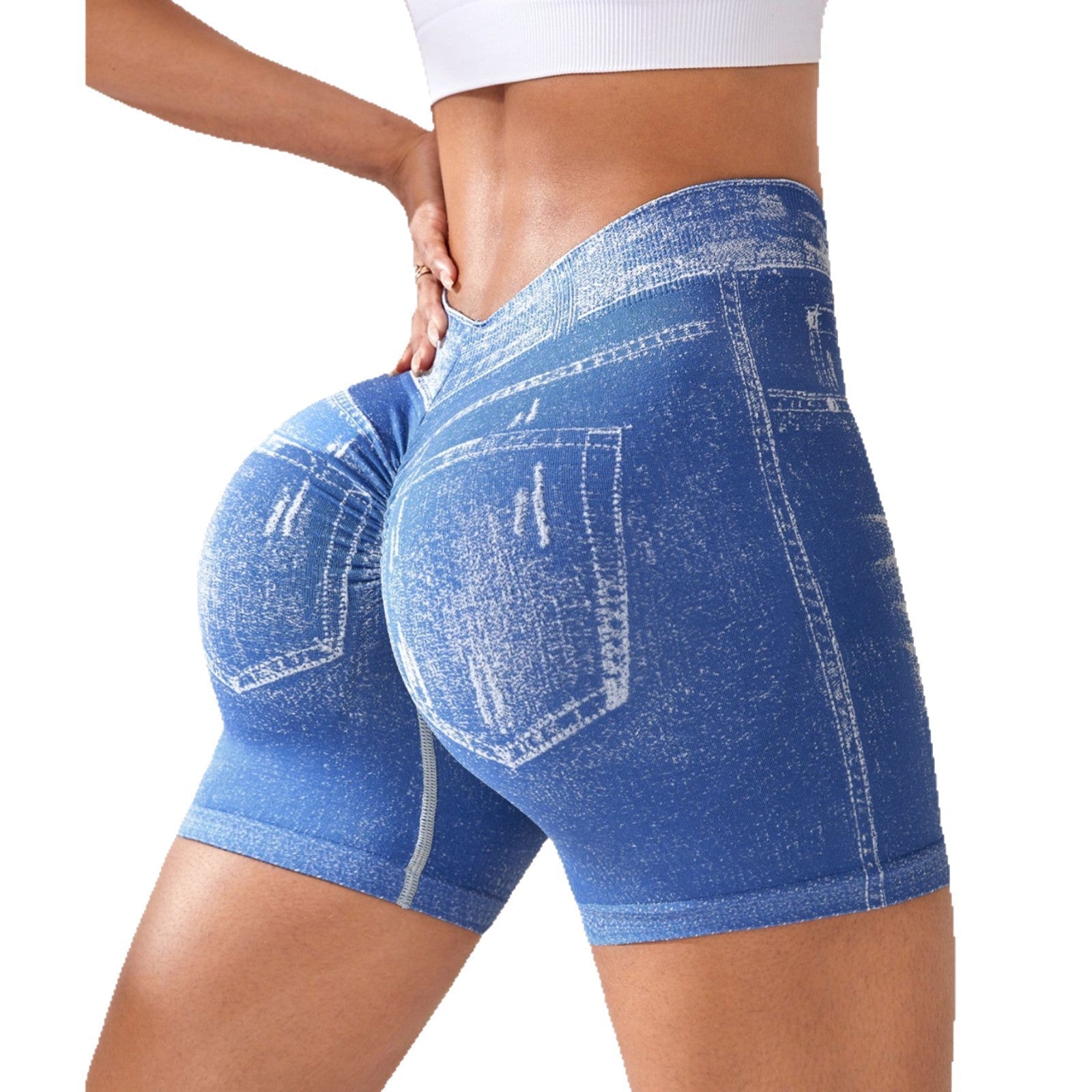 Seamless Denim-Look Yoga Shorts – Back V-Waist Hip-Lifting by FitiqueFit