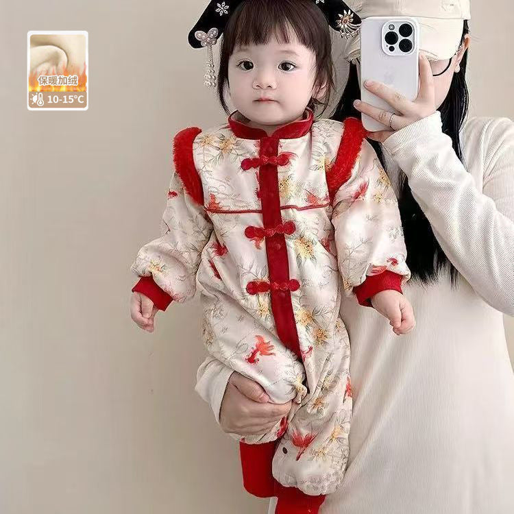 Red Festive Warm Childrens Cotton Padded Jumpsuit by Baby Joy