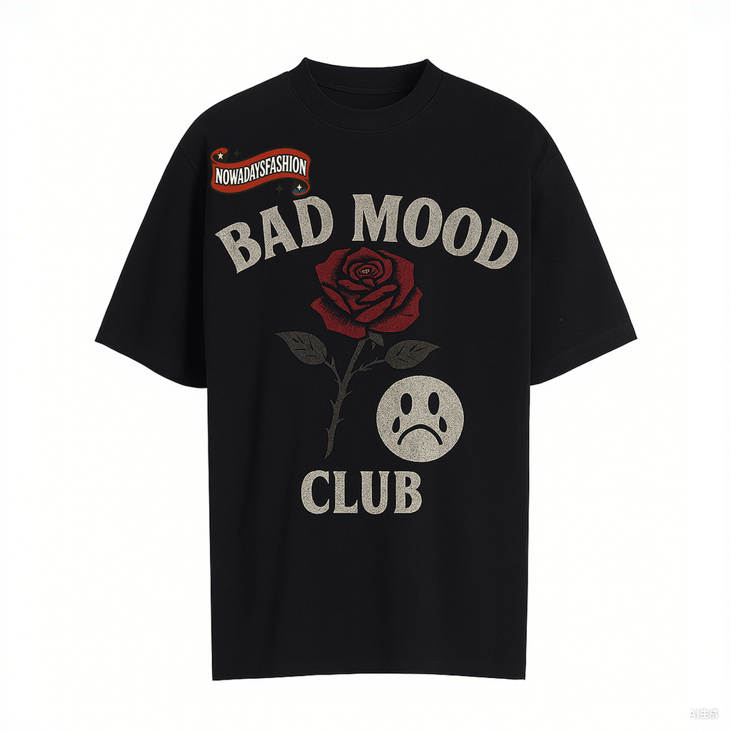 Unisex BAD MOOD CLUB Graphic T-Shirt – Sad Face & Rose Dark Streetwear Tee by nowadaysfashion
