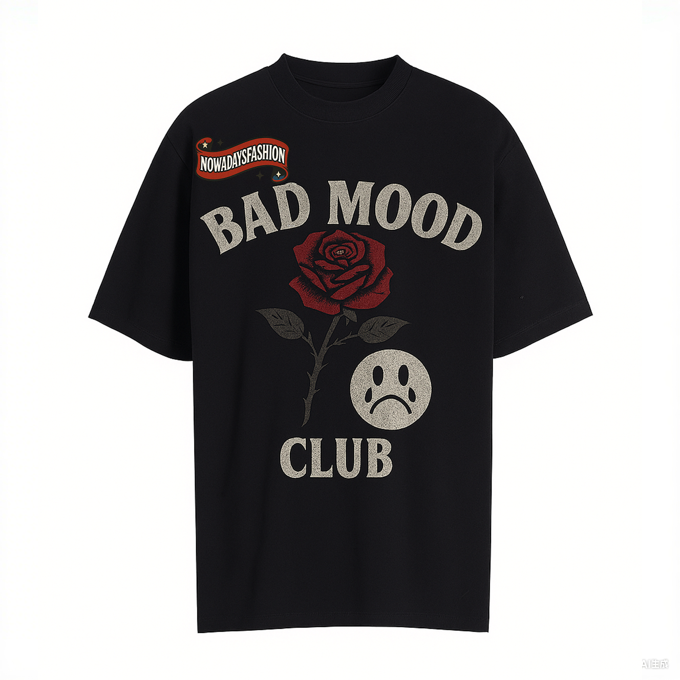 Unisex BAD MOOD CLUB Graphic T-Shirt – Sad Face & Rose Dark Streetwear Tee by nowadaysfashion