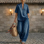 Retro V-Neck Washed Denim Top & Wide-Leg Pants Set – 3 Colors, S–3XL by FitiqueFit