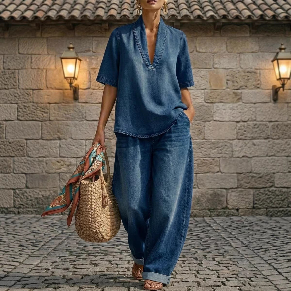 Retro V-Neck Washed Denim Top & Wide-Leg Pants Set – 3 Colors, S–3XL by FitiqueFit
