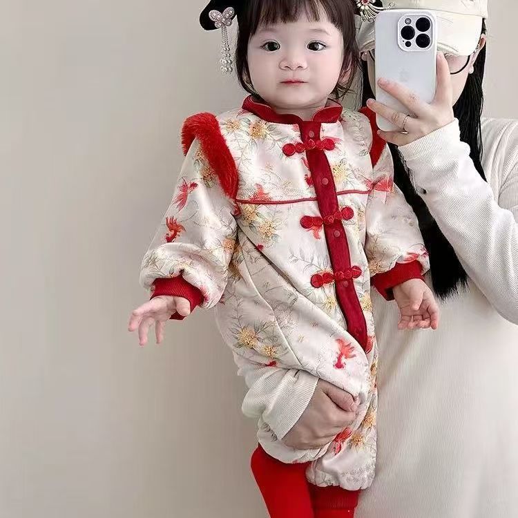 Red Festive Warm Childrens Cotton Padded Jumpsuit by Baby Joy