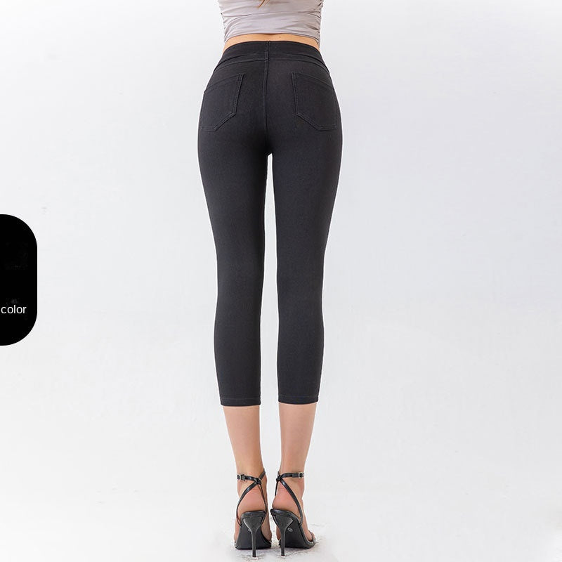 Denim-Look Capri Yoga Pants – Slim Fit High-Elastic Tummy Control Fitness Pants by FitiqueFit