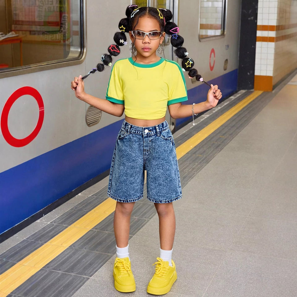 Washed Denim Mid-length Pants Girls Denim Shorts by Baby Joy