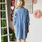 Women's Three-Quarter Sleeve Denim Dress – Ruffle Detail Mid-Length by FitiqueFit