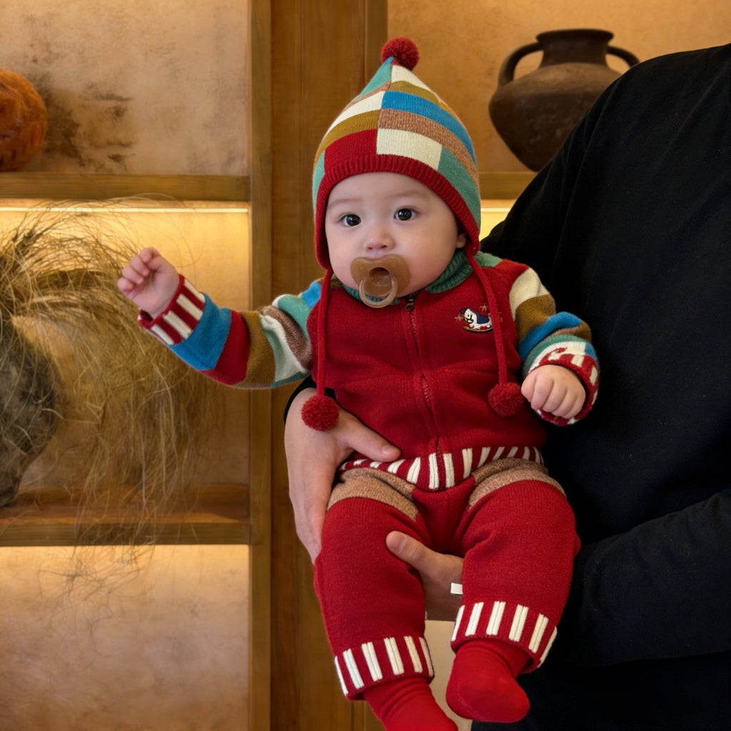 Knitted Contrasting-Color Red Sweater Pants And Hat New Year Three-Piece Set by Baby Joy