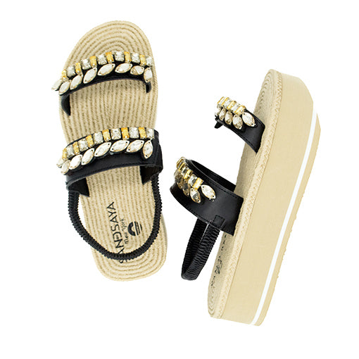 Smith- Gold Rhinestone Embellished - Waterproof Espadrille Platform Wedge Heel Sandals for Women by Sand By Saya New York