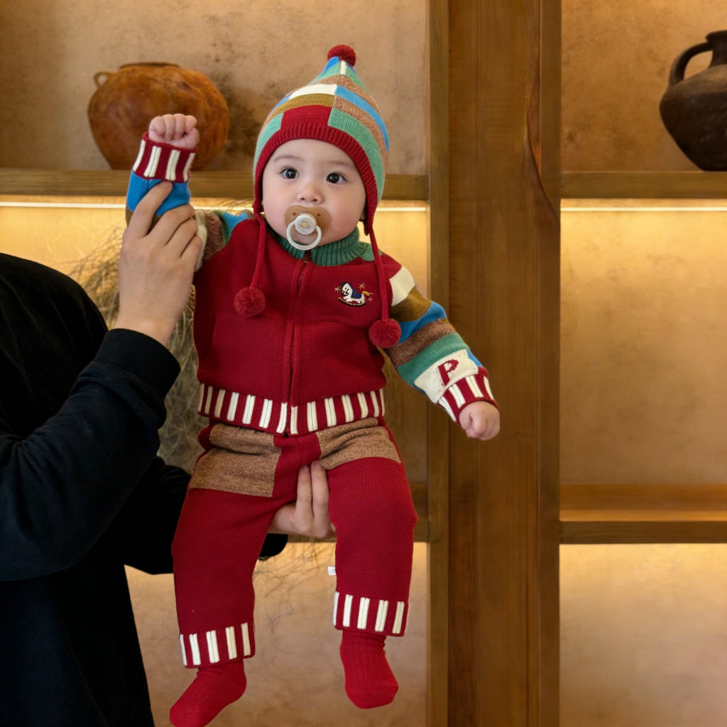 Knitted Contrasting-Color Red Sweater Pants And Hat New Year Three-Piece Set by Baby Joy