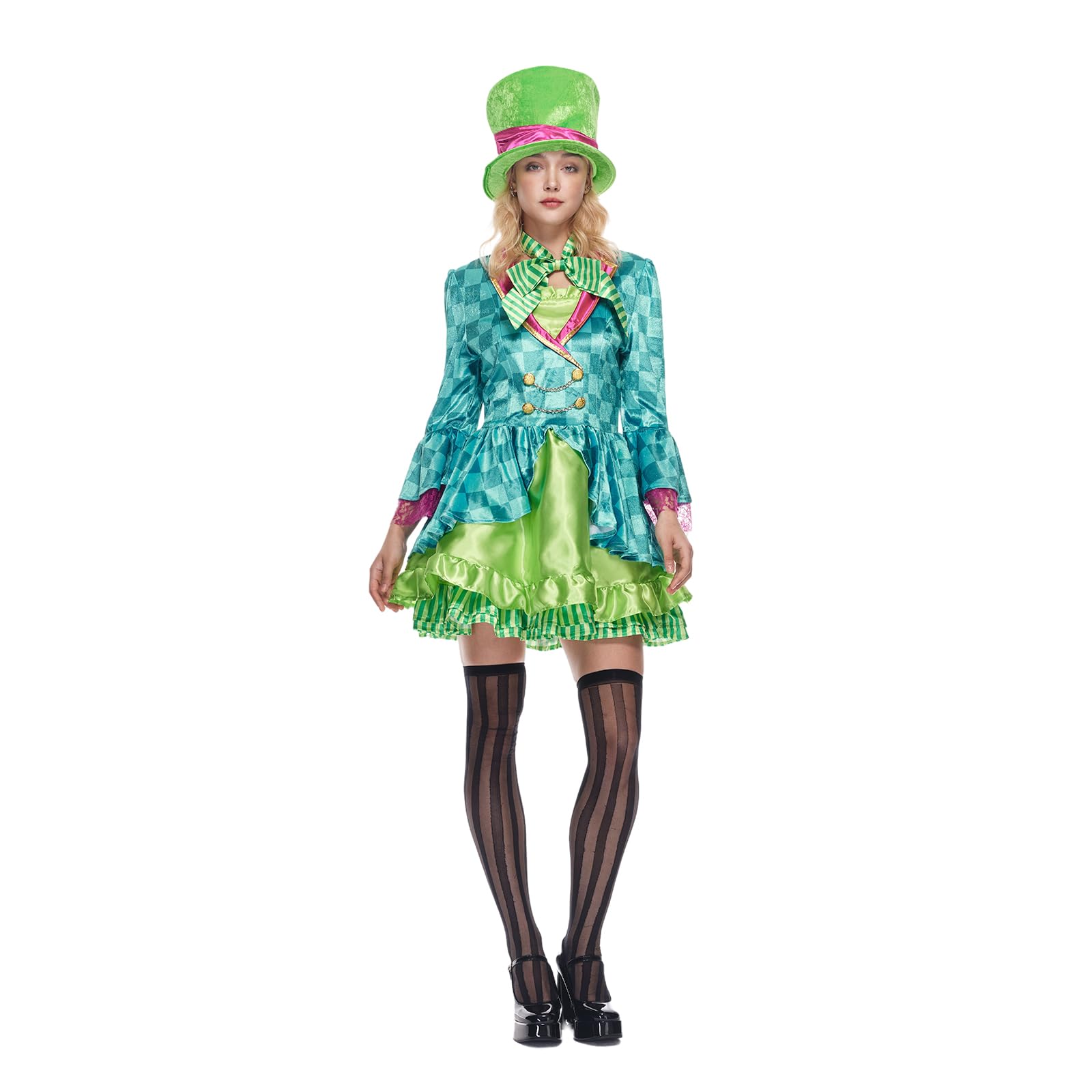 Women's Mad Hatter Costume - Green Dress with Top Hat and Bow Tie by Lady Ros