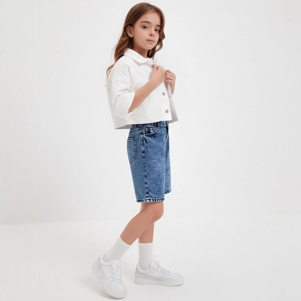 Washed Denim Mid-length Pants Girls Denim Shorts by Baby Joy