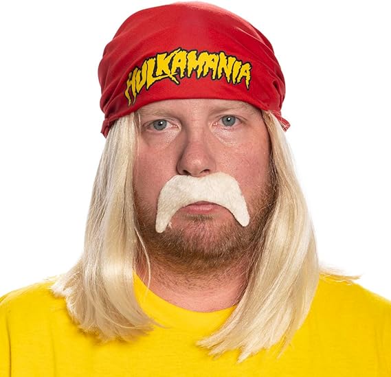 Red 1980s Mania Unisex Halloween Cosplay Costume Accessory Kit (Bandana w/ Wig\Moustache) by TVStoreOnline