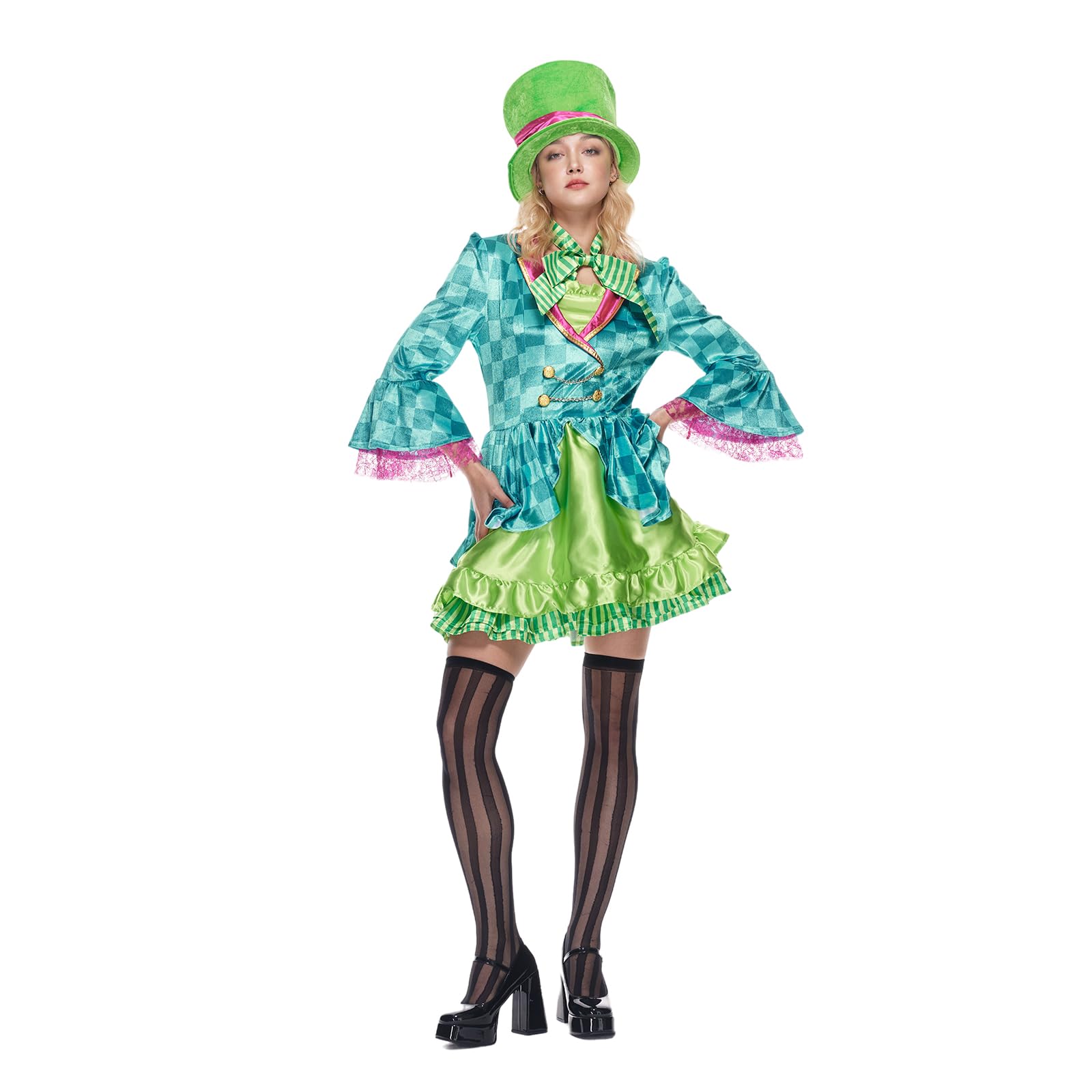Women's Mad Hatter Costume - Green Dress with Top Hat and Bow Tie by Lady Ros