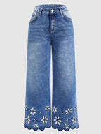 Chrysanthemum Embroidered Cropped Denim Jeans – Women's Loose Straight-Leg