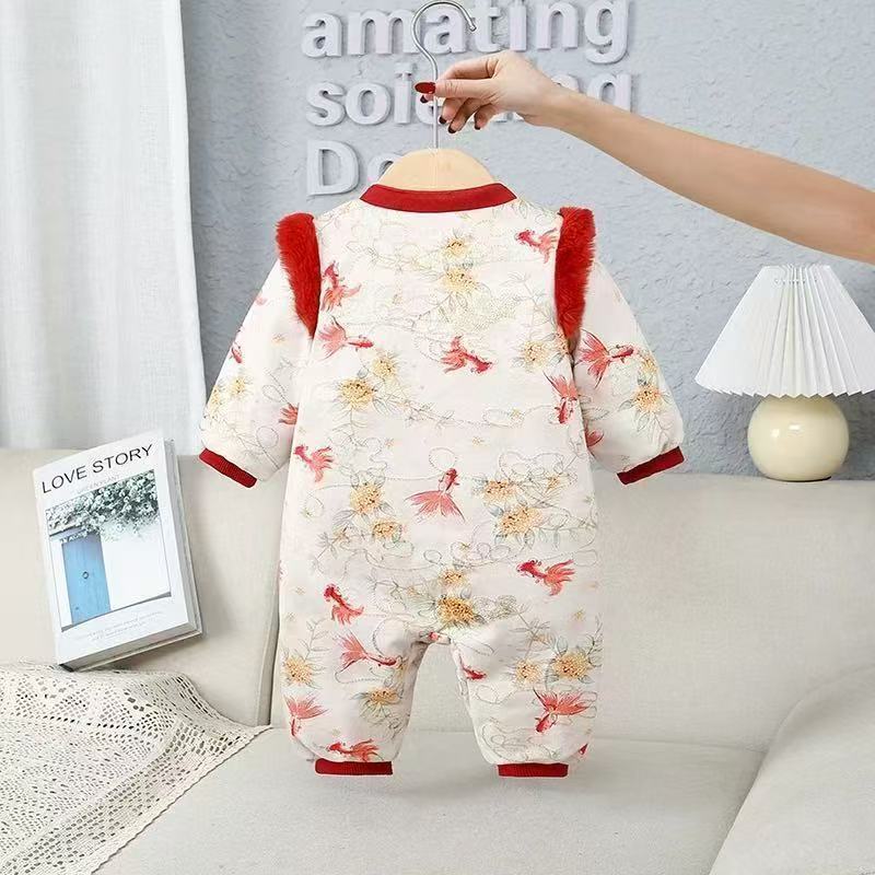 Red Festive Warm Childrens Cotton Padded Jumpsuit by Baby Joy