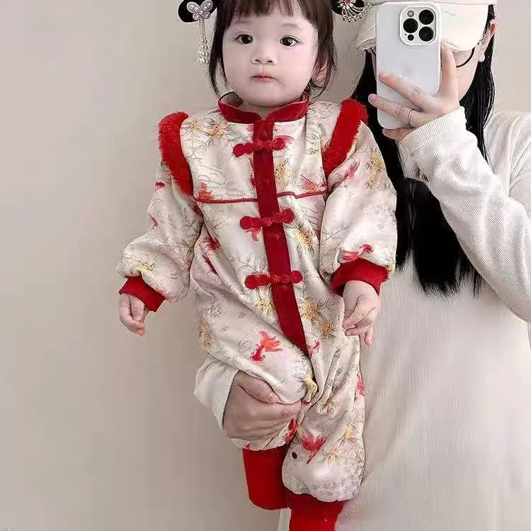 Red Festive Warm Childrens Cotton Padded Jumpsuit by Baby Joy
