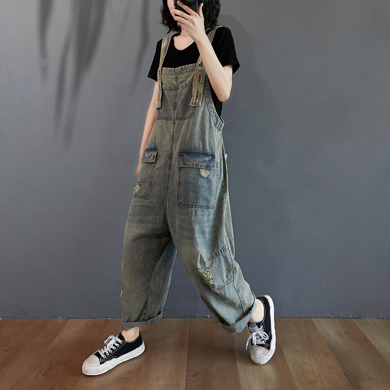 Women's Summer Retro Nostalgic Ripped Denim Overalls by FitiqueFit
