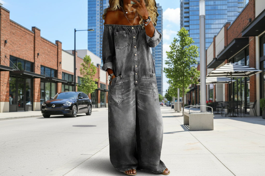 Women's Off-Shoulder Washed Faux Denim Strap Overalls Jumpsuit by FitiqueFit
