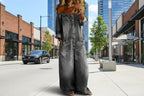 Women's Off-Shoulder Washed Faux Denim Strap Overalls Jumpsuit by FitiqueFit