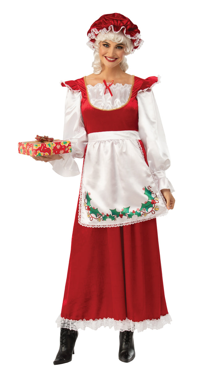 Rubie's women's Ms. Santa Claus Costume Dress and Hat: red dress with white sleeves, lace trim, attached apron.