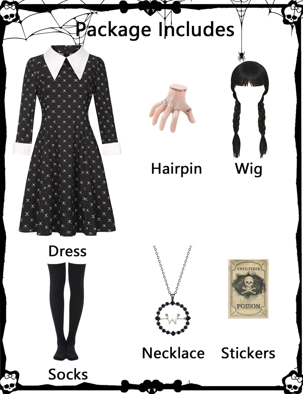 Black Dress Halloween Costume - Women's Complete Outfit with Wig and Accessories by Lady Ros