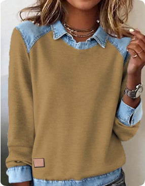 Denim Collar Patchwork Pullover Knitwear Top – Women’s Street Style by FitiqueFit
