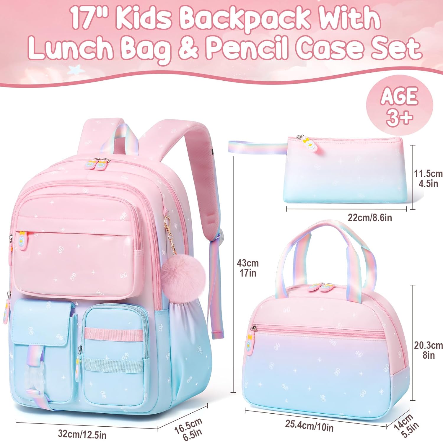 Girls School Backpack Set 3-Piece - Waterproof Kids Backpack with Lunch Box by Lady Ros