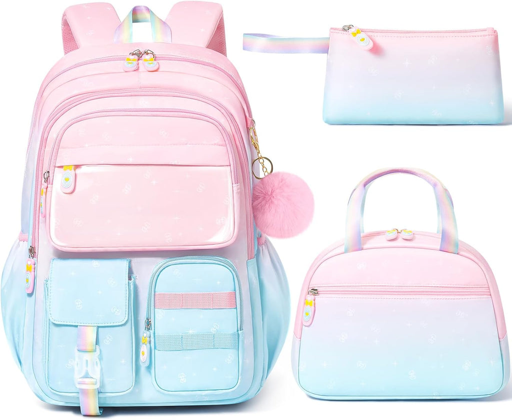 Girls School Backpack Set 3-Piece - Waterproof Kids Backpack with Lunch Box by Lady Ros