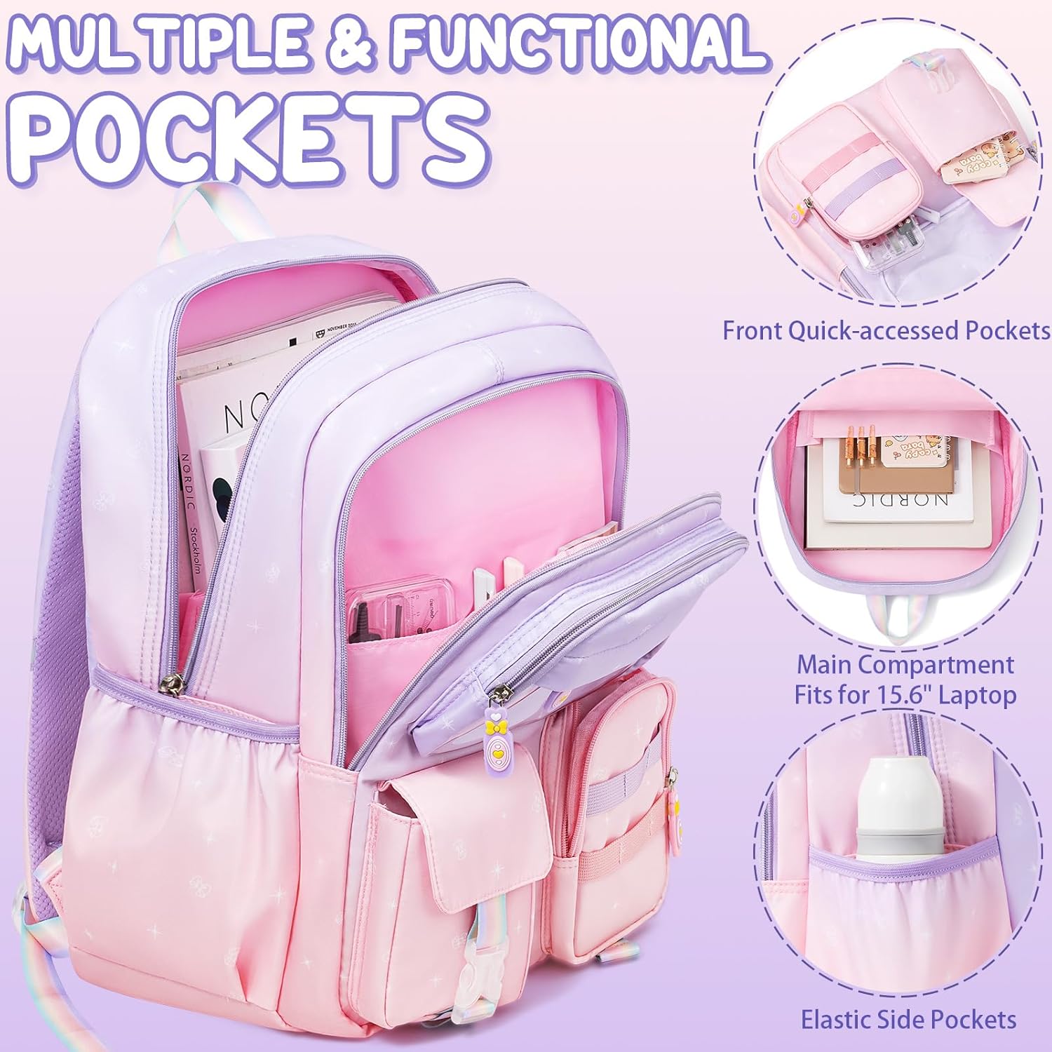 Girls School Backpack Set 3-Piece - Waterproof Kids Backpack with Lunch Box by Lady Ros
