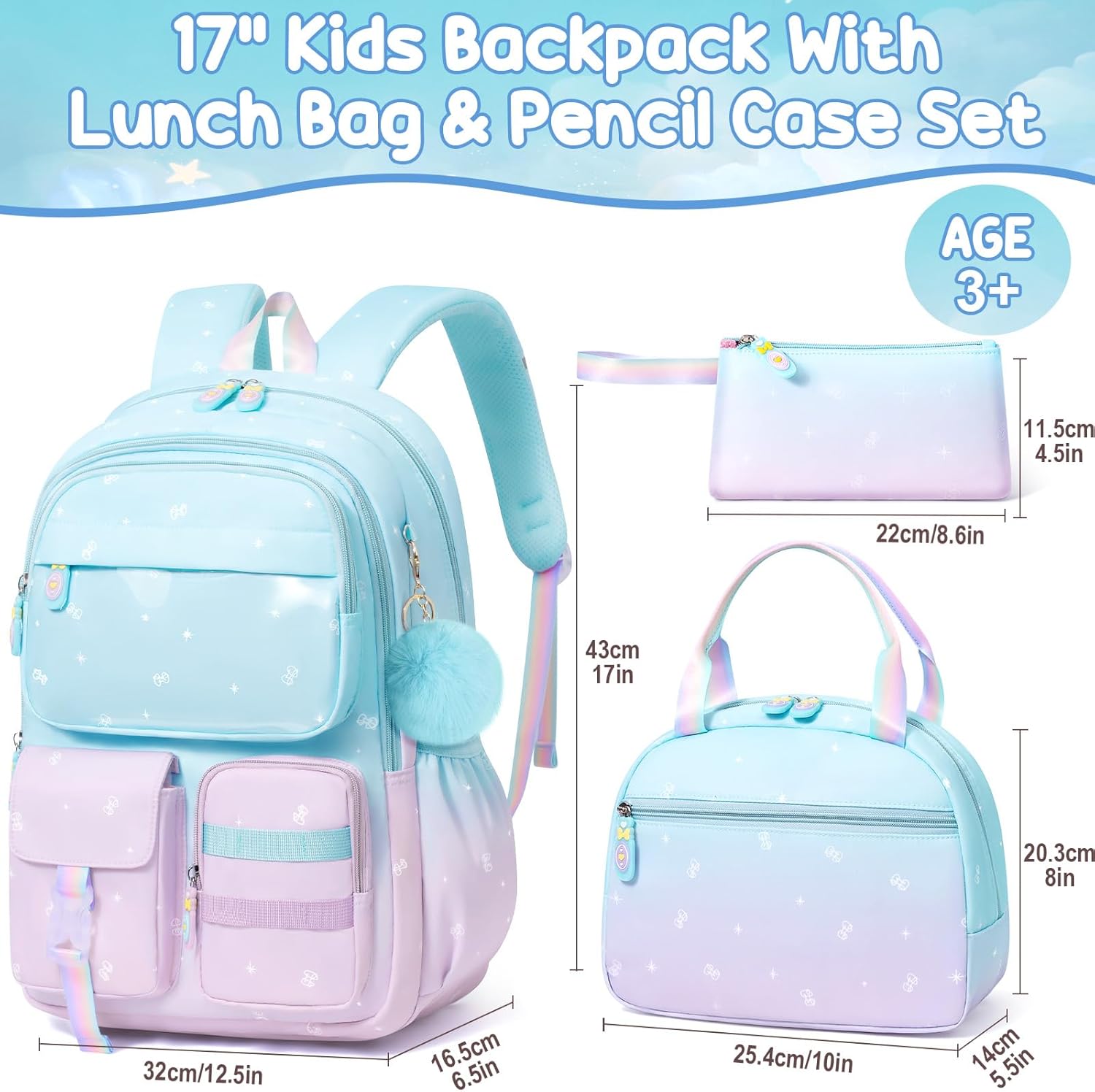 Girls School Backpack Set 3-Piece - Waterproof Kids Backpack with Lunch Box by Lady Ros