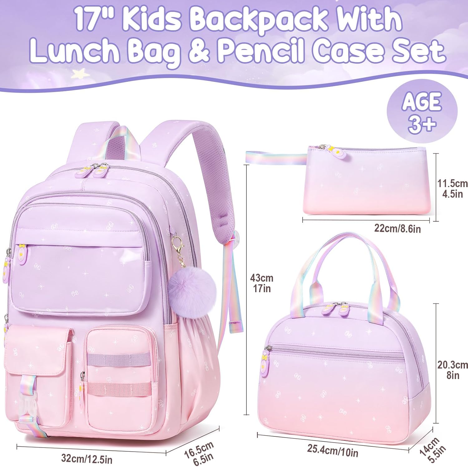 Girls School Backpack Set 3-Piece - Waterproof Kids Backpack with Lunch Box by Lady Ros