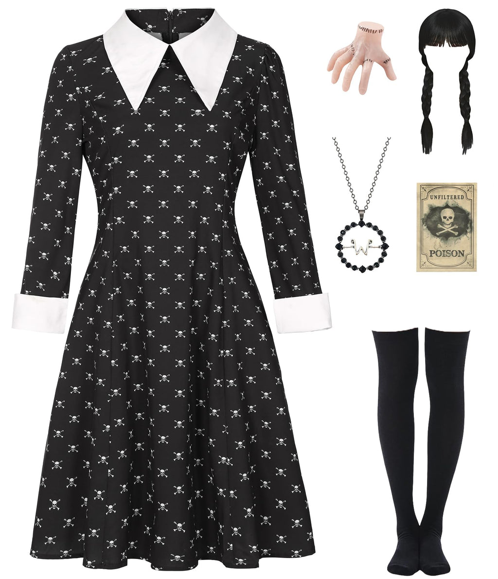 Black Dress Halloween Costume - Women's Complete Outfit with Wig and Accessories by Lady Ros