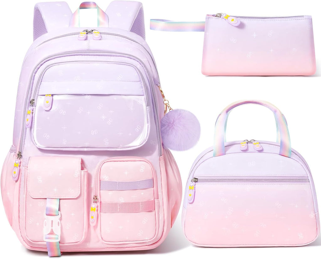 Girls School Backpack Set 3-Piece - Waterproof Kids Backpack with Lunch Box by Lady Ros
