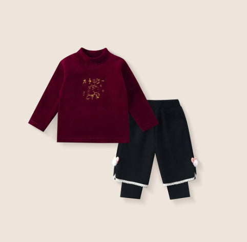 Sweatshirt Set Winter Fleece-Lined Thickened One-Piece Fleece Baby Korean-Style Fake Two-Piece Pants Set by Baby Joy